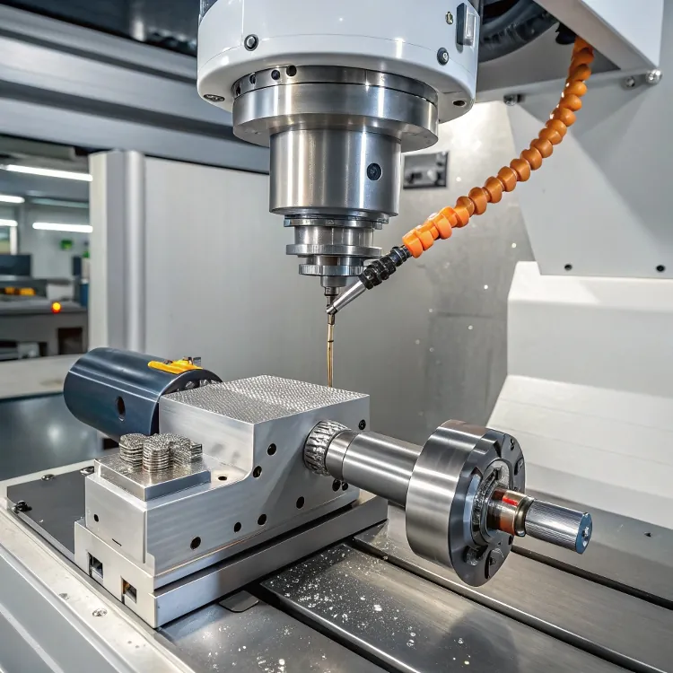 close up of cnc machine drilling metal block