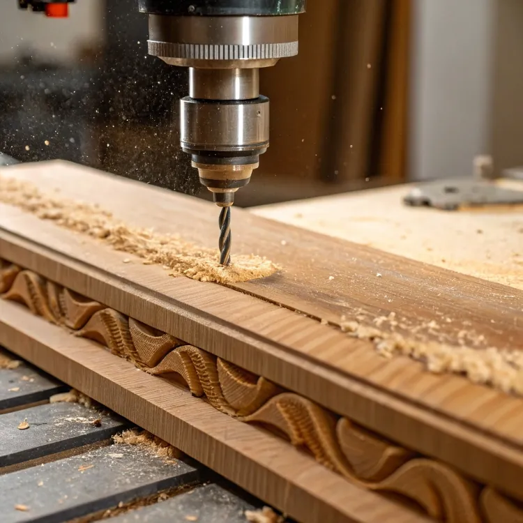 Close-up of drill carving ornate wooden surface