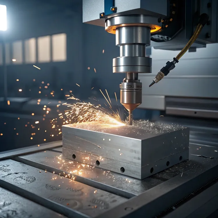 CNC machine drilling metal block sparks