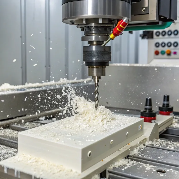 CNC machine drilling plastic block with debris