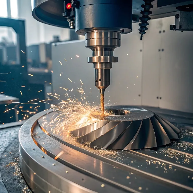 CNC machine sparks during turbine part milling