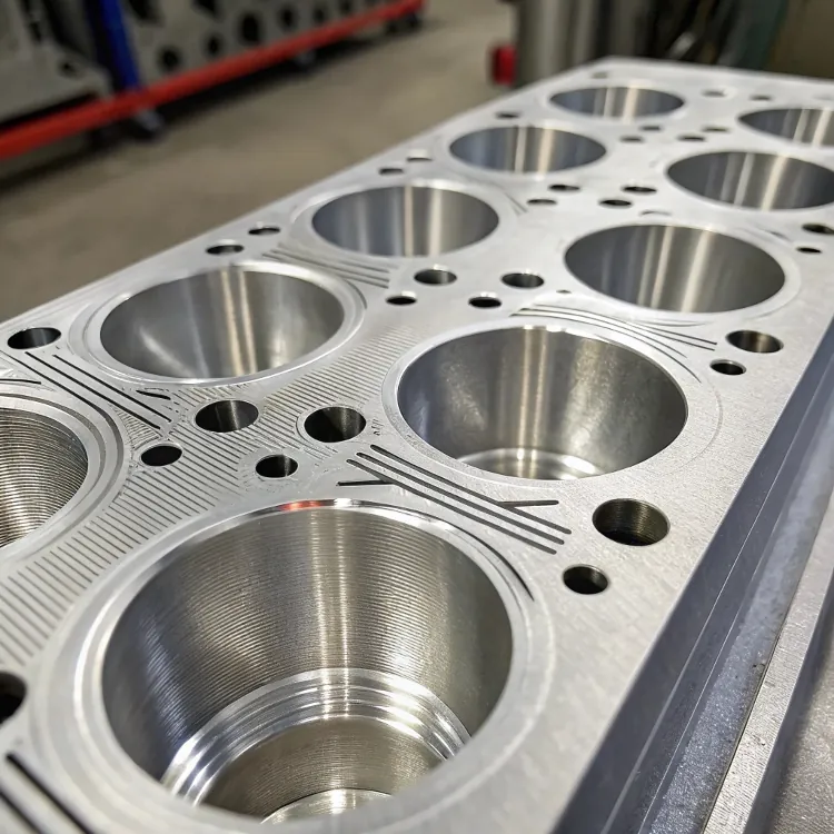 CNC-machined aluminum engine block surface, precision drilled