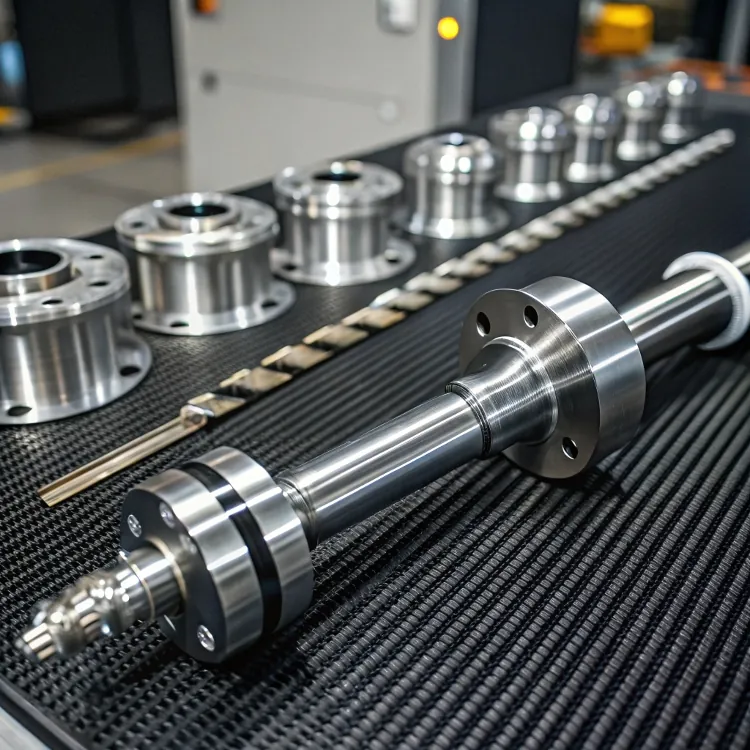CNC machined shaft with precision bearings on black surface