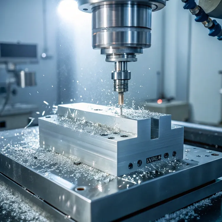 CNC milling machine cutting aluminum block with coolant