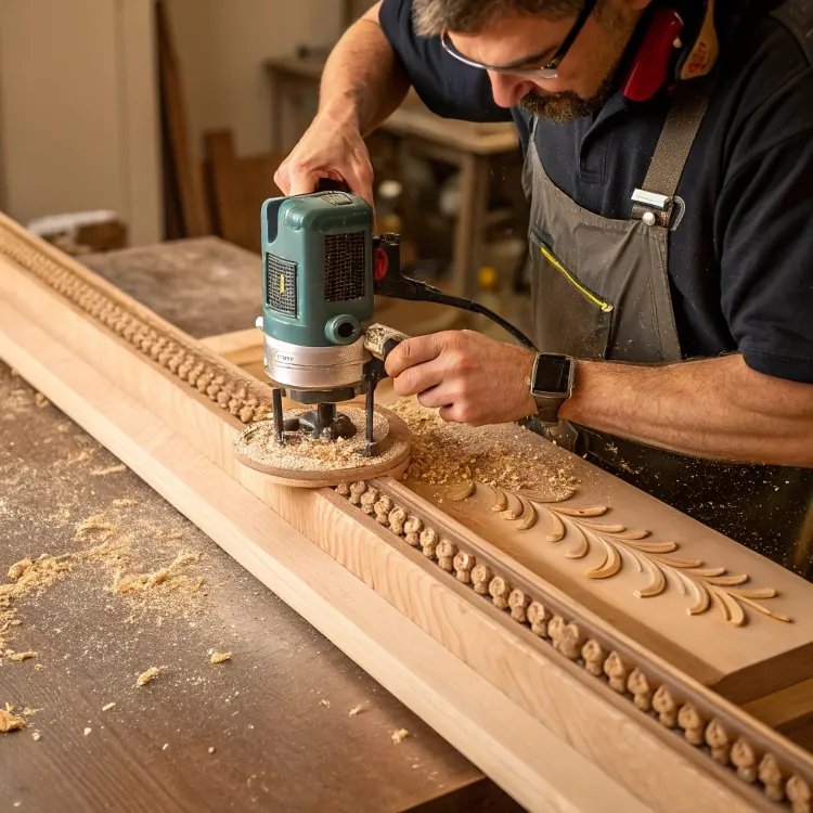 Craftsman carving intricate wood patterns