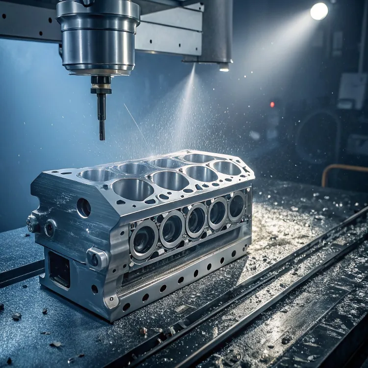 Engine block under CNC milling and coolant spray