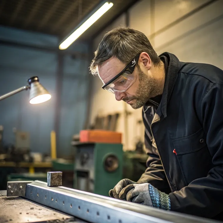 Engineer inspecting metal beam precisely