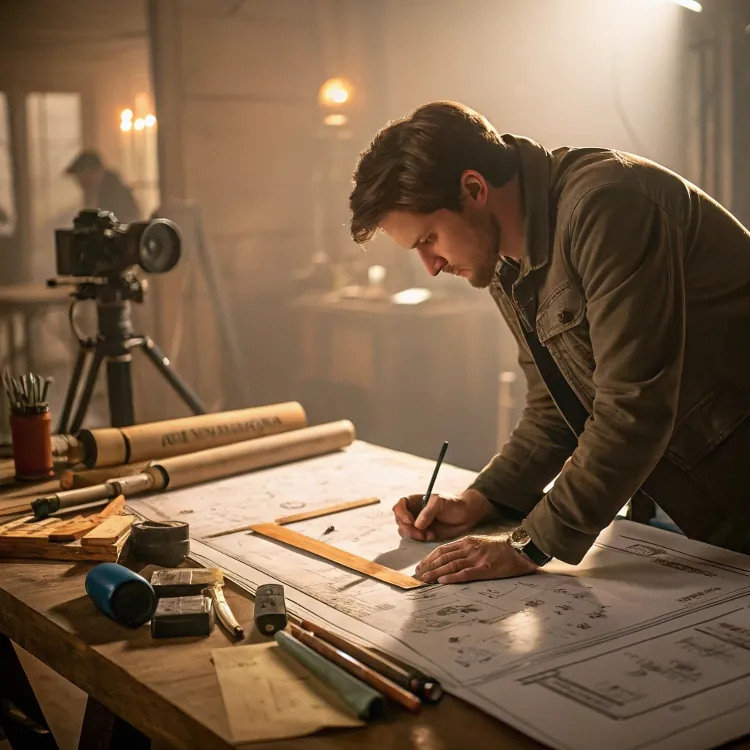 Engineer sketching mechanical blueprints on table
