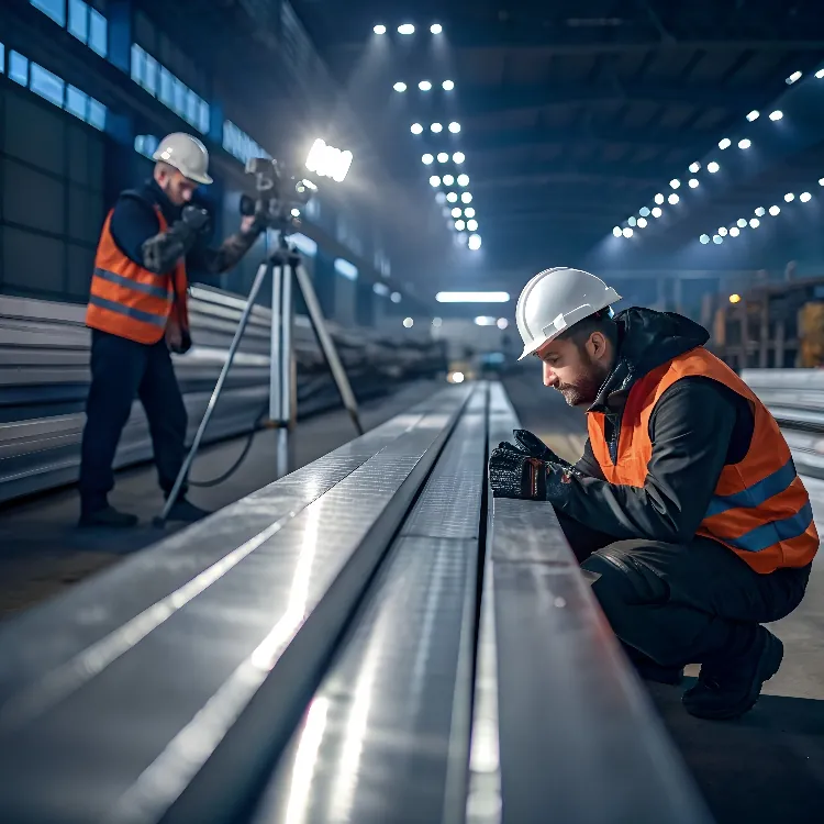 Engineers inspecting aluminum profiles in large factory