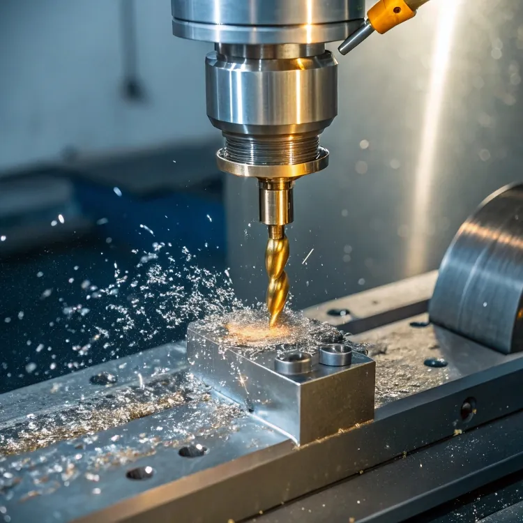Golden drill bit cutting metal block close-up