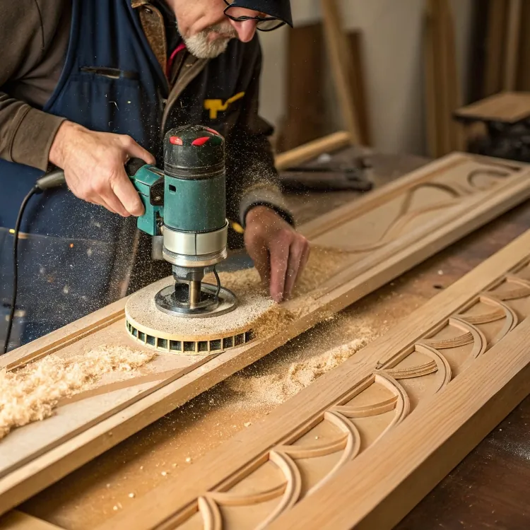 Close-up of drill carving ornate wooden surface