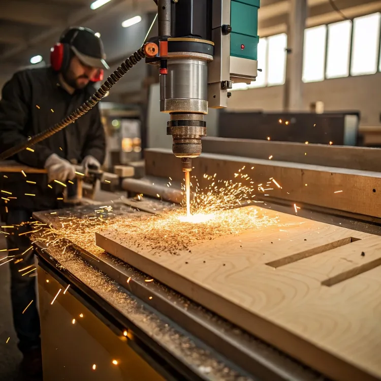 Industrial CNC machine cutting wood with sparks