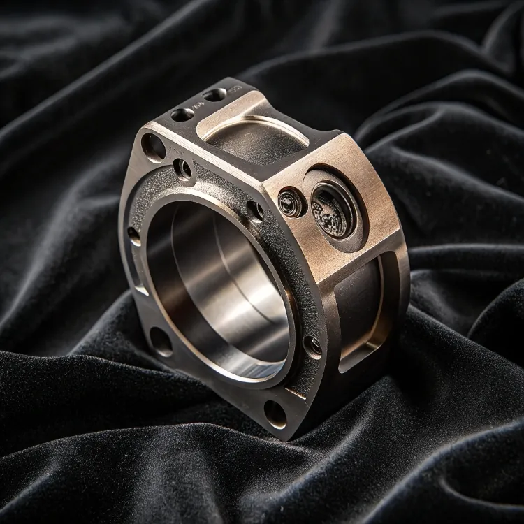 Machined metal component on black fabric