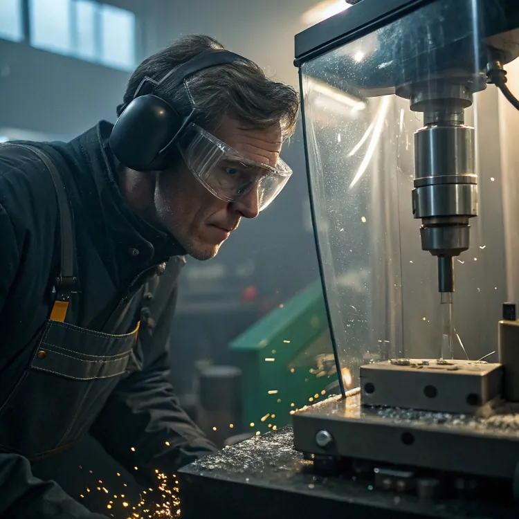Machinist operating CNC drill with safety gear