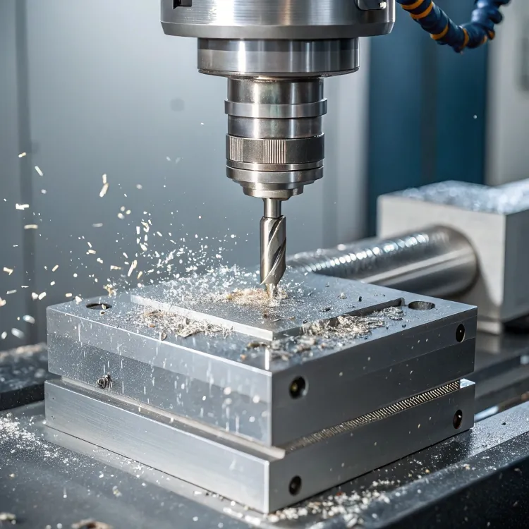 Metal CNC drilling with aluminum shavings flying