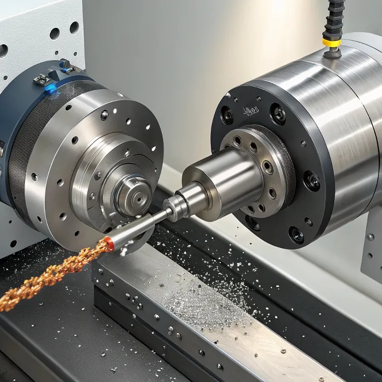 Precision CNC lathe drilling with metal shavings