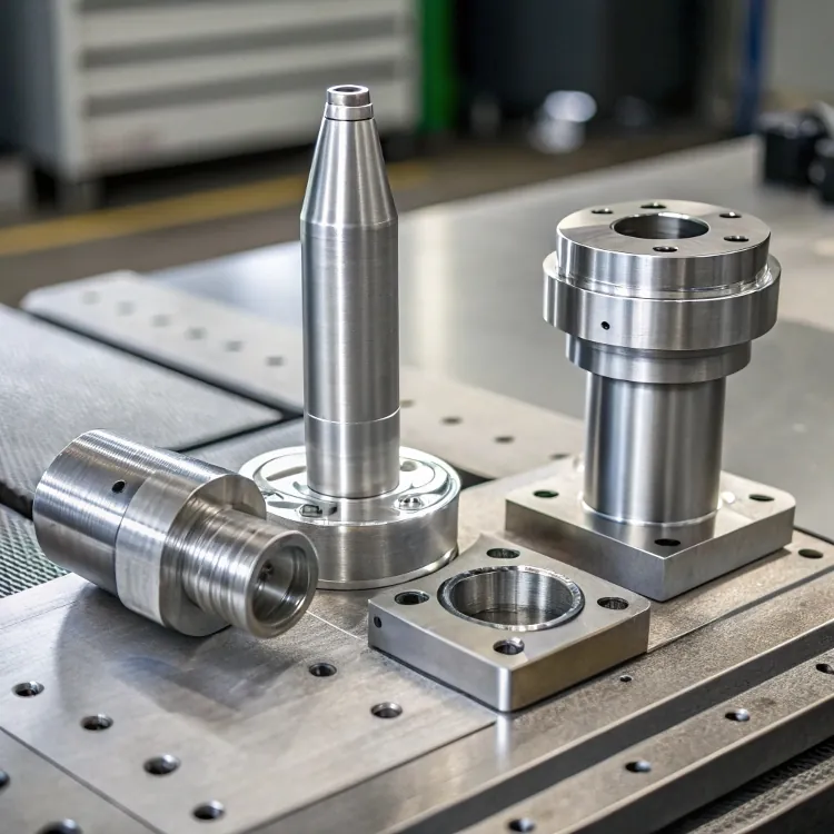 Precision turned metal components on a tooling table