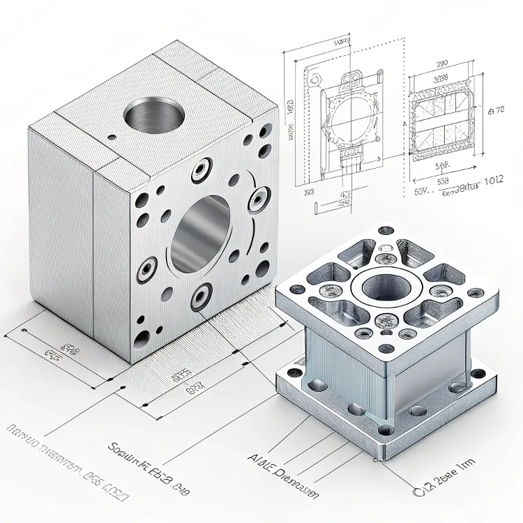 Technical drawing with 3D metal block model