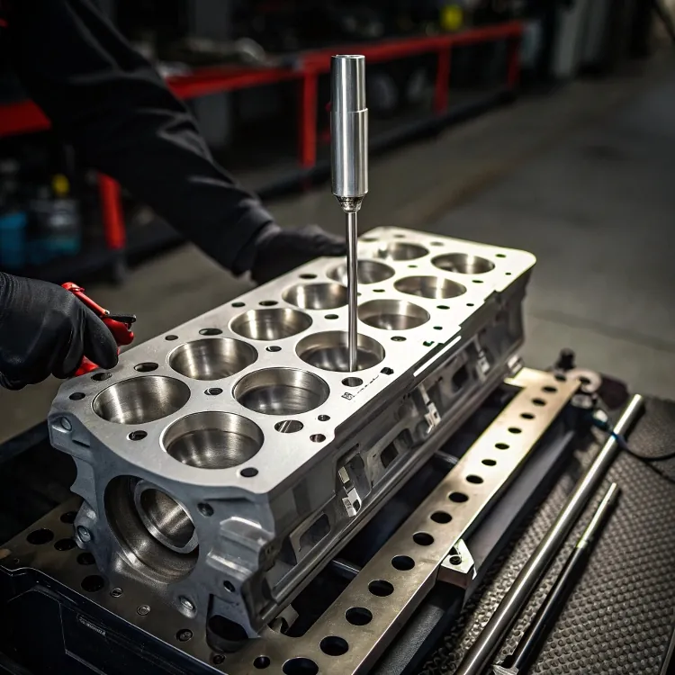 Technician inspecting precision engine block cylinder