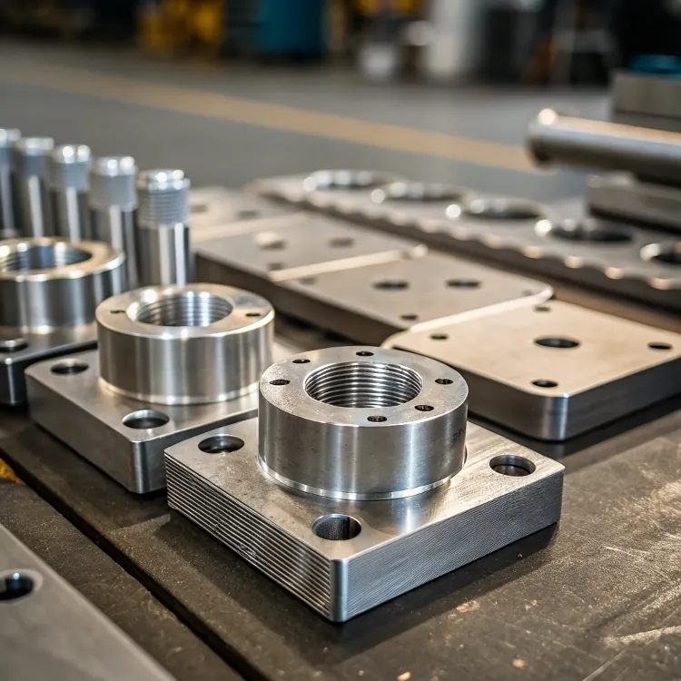 Threaded metal flanges and square bases on workbench