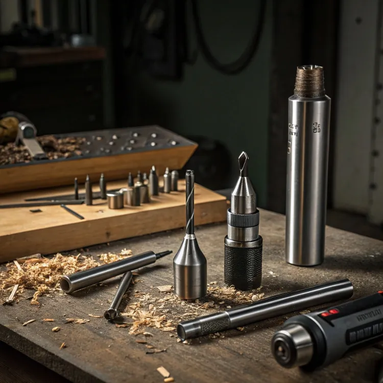 Various CNC engraving tools on wooden table