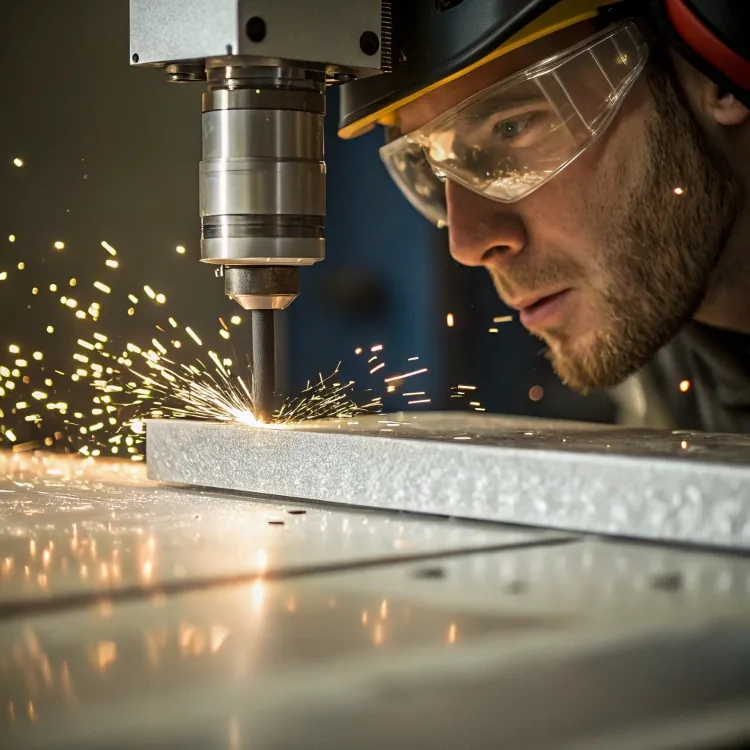 Worker using CNC machine with sparks flying